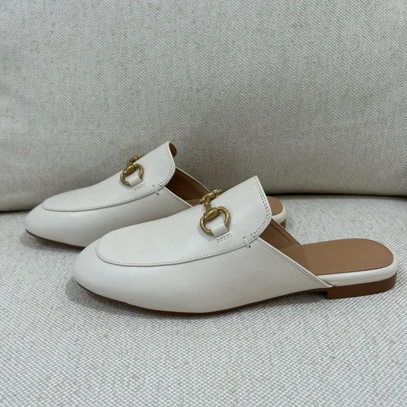 Quince Bone White Italian Leather Mules Classic Gold Horsebit Slides Size 7 - Picture 6 of 11